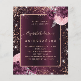 Flyer Quinceanera burgundy rosa ouro convite orçamental