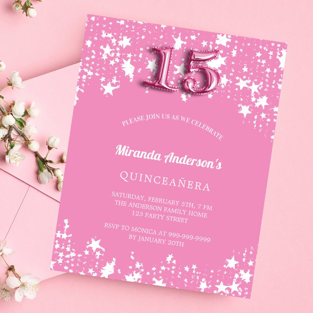 Flyer Quinceanera, cor-de-rosa, estrelas brancas convite (Criador carregado)