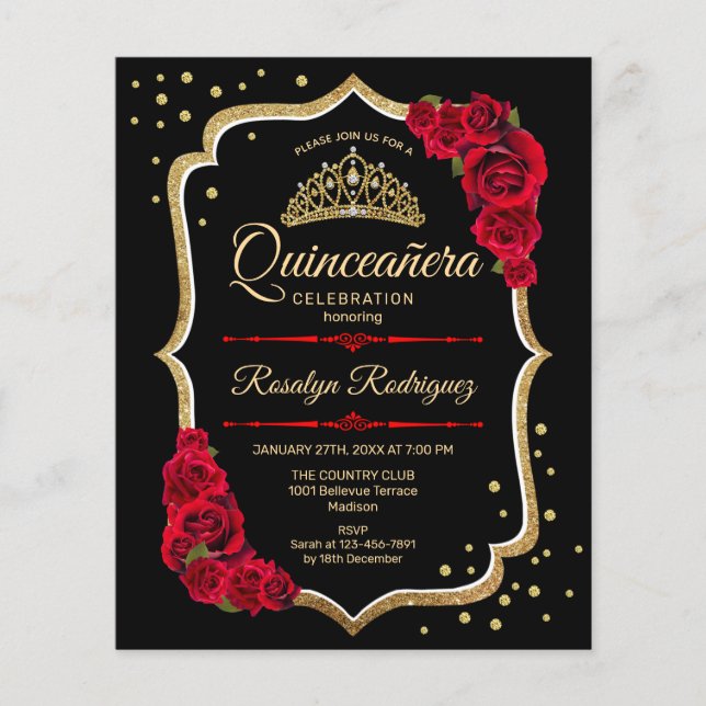 Flyer Quinceanera do Orçamento - Convite Dourado Vermelh (Frente)