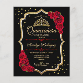 Flyer Quinceanera do Orçamento - Convite Dourado Vermelh
