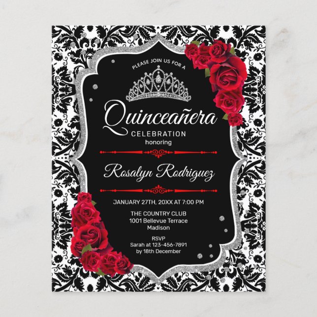 Flyer Quinceanera do Orçamento - Convite para Prata Verm (Frente)