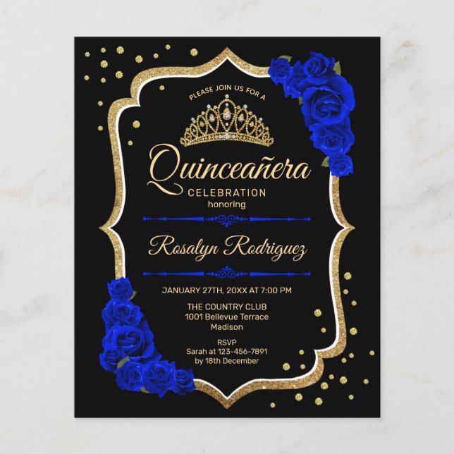 Flyer Quinceanera do Orçamento - Dourado Convite Azul Ne (Frente)