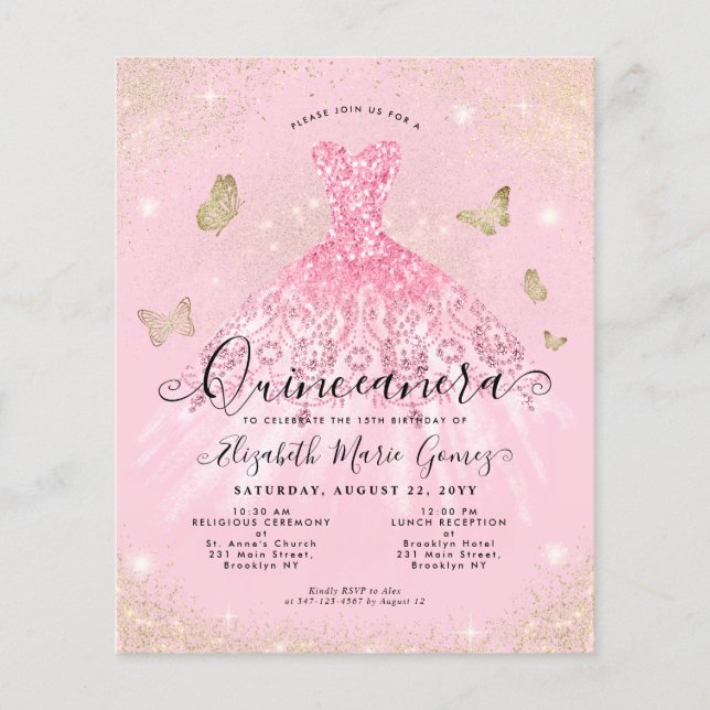 Flyer Quinceanera Dourada Rosa Rosa Barata Cinza Rosa (Frente)