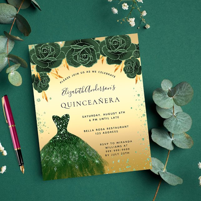 Flyer Quinceanera emerald green gold vestido orçamento f (Criador carregado)