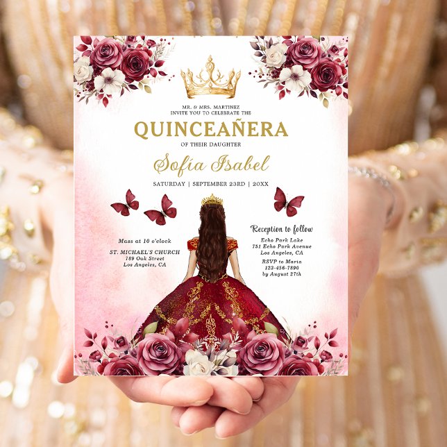 Flyer Quinceanera Espanhola Dourada Burgundia (Criador carregado)