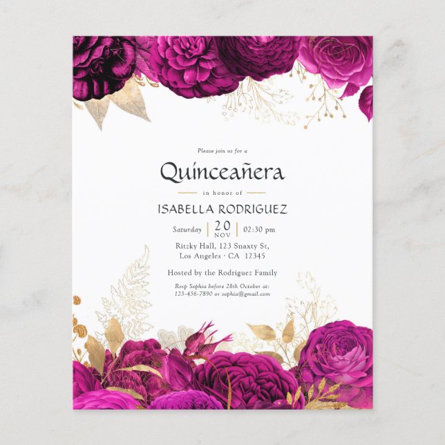 Flyer Quinceañera Floral Dourada, Rosa-Quente (Frente)