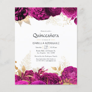 Flyer Quinceañera Floral Dourada, Rosa-Quente