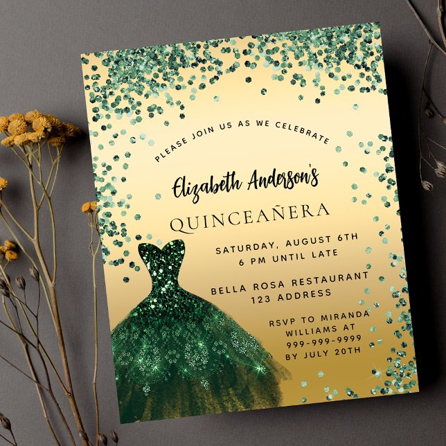 Flyer Quinceanera Green Gold - Convite orçamental (Criador carregado)