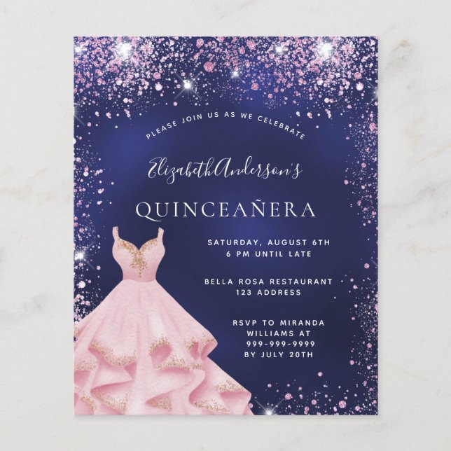 Flyer Quinceanera marinho azul cor-rosa convite para o o (Frente)