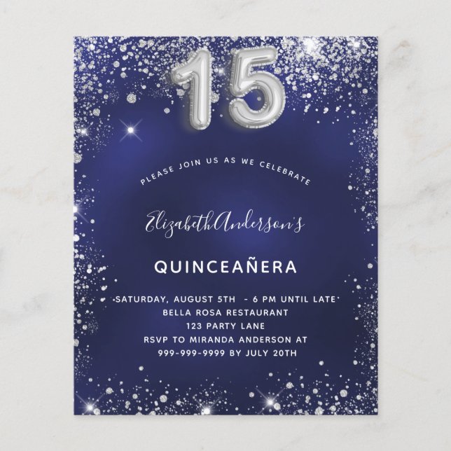 Flyer Quinceanera marinho azul-prata convite orçamental (Frente)