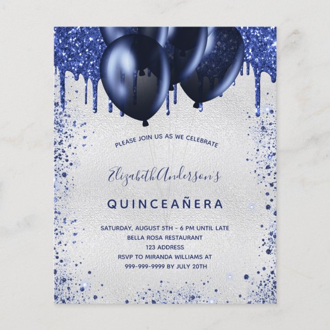 Flyer Quinceanera marinho azul-prata convite orçamental (Frente)