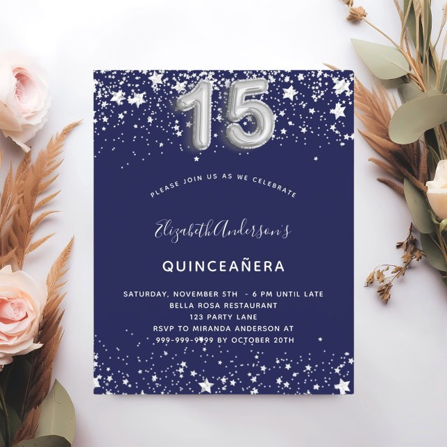 Flyer Quinceanera marinho azul-prata convite orçamental (Criador carregado)