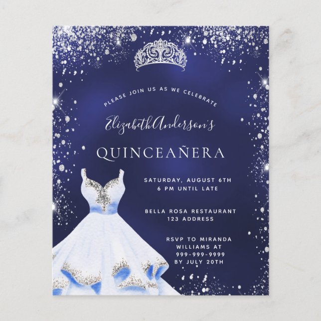 Flyer Quinceanera navy blue silver dress tiara budget (Frente)