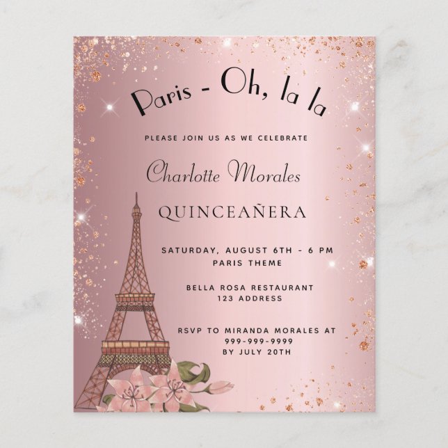 Flyer Quinceanera Paris escamoteia convite orçamental ro (Frente)