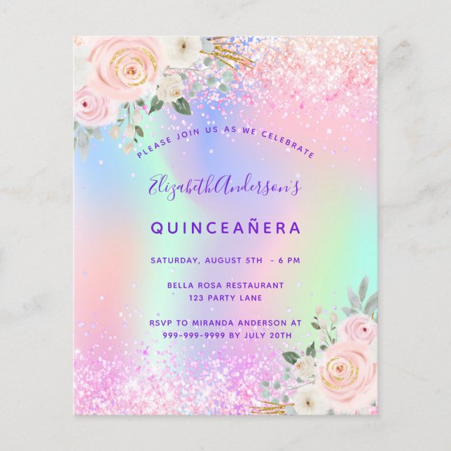 Flyer Quinceanera pink purple glitter floral budget (Frente)
