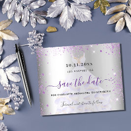 Flyer Quinceanera prata violeta orçamento salvo data