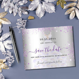 Flyer Quinceanera prata violeta orçamento salvo data