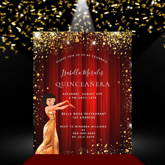 Flyer Quinceanera red gold dress convite (Criador carregado)