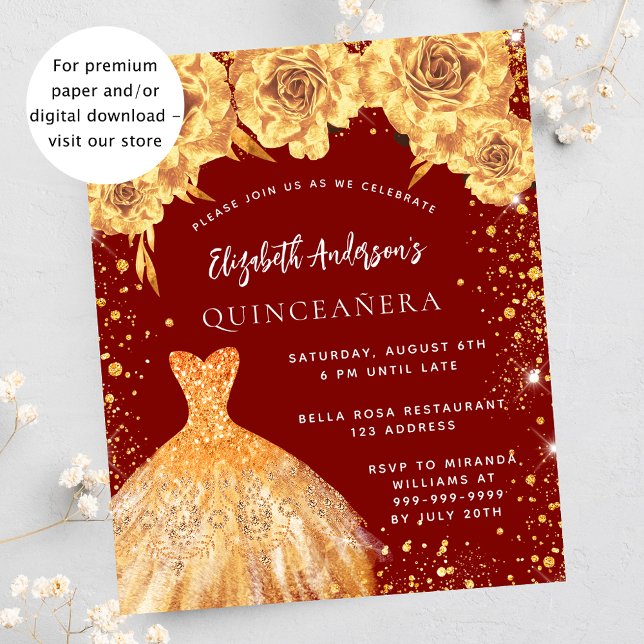 Flyer Quinceanera red gold dress convite rosa (Criador carregado)