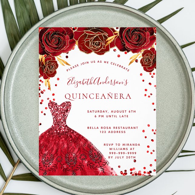 Flyer Quinceanera Red White Vestimenta Convite (Criador carregado)