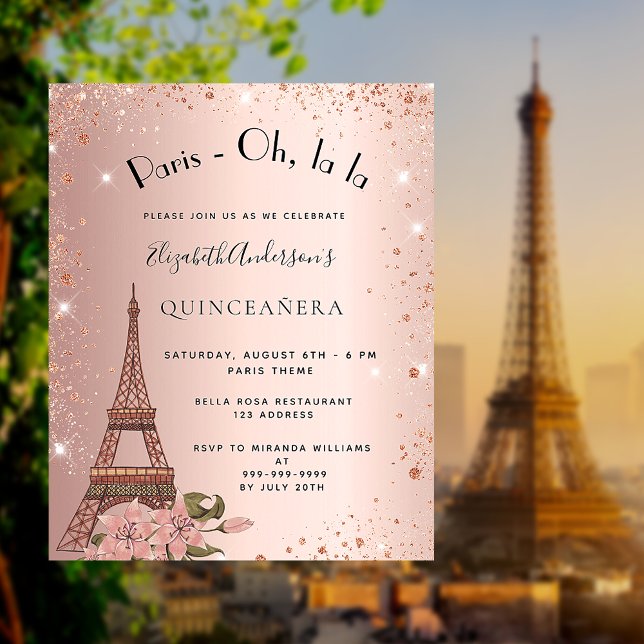 Flyer Quinceanera rosa gold Convite orçamental Paris (Criador carregado)