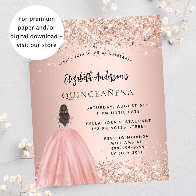 Flyer Quinceanera rosa gold - convite para o orçamento (Criador carregado)