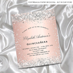 Flyer Quinceanera rosa ouro prateado convite orçamental
