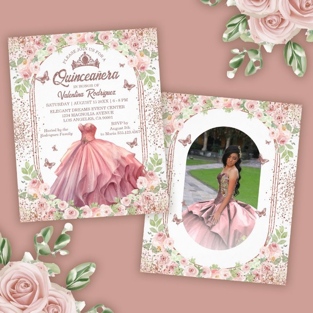 Flyer Quinto-Cânera Floral Cor-de-Água Rosa Esbranquiçad (Budget Rose Gold Floral Quinceanera Invitation Flyer)