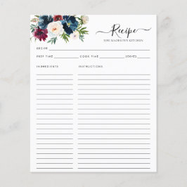 Flyer Receita da Cozinha Azul Burgundy Marinho Floral de