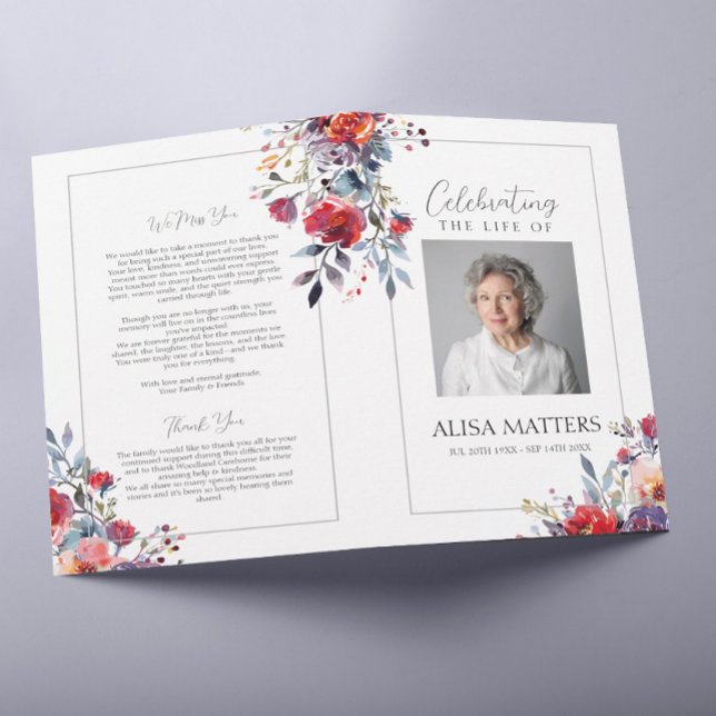 Flyer Red Floral Funeral Program Celebrando a Vida (Criador carregado)