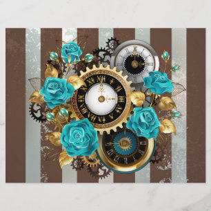 Flyer Relógio Steampunk e Rosas Turquesa em Listras
