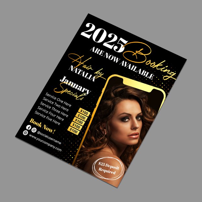 Flyer Reserva do Modern Black Gold Hair Salon 2025 (Criador carregado)