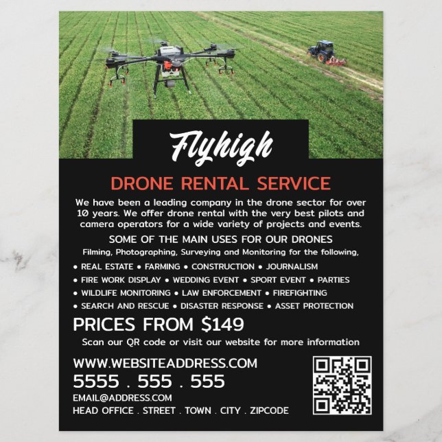 Flyer Retrato de Drone para Agricultura, Empresa de Alug (Frente)