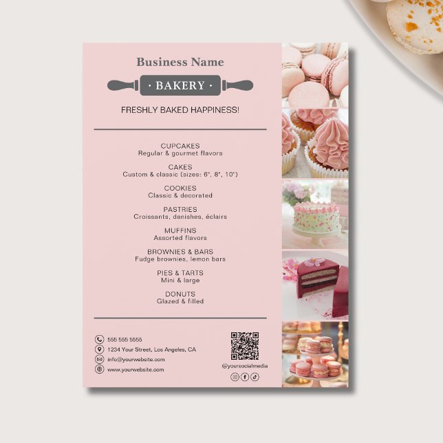 Flyer Rolo de Padaria Foto QR Rosa (Bakery Rolling Pin Photo QR Pink Flyer)