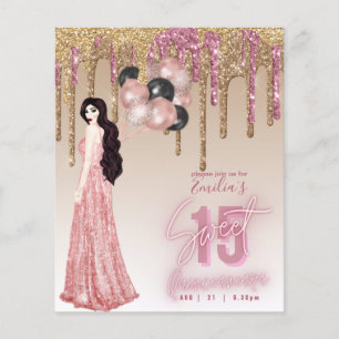 Flyer Rosa de Orçamento Glitter Quinceanera Brunette