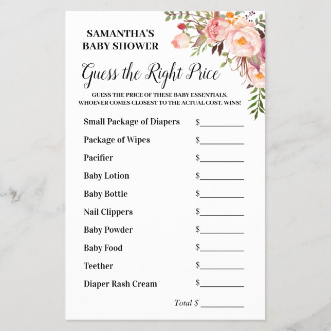 Flyer Rosa Floral Adivinha o Jogo do Chá de fraldas de P (Frente)