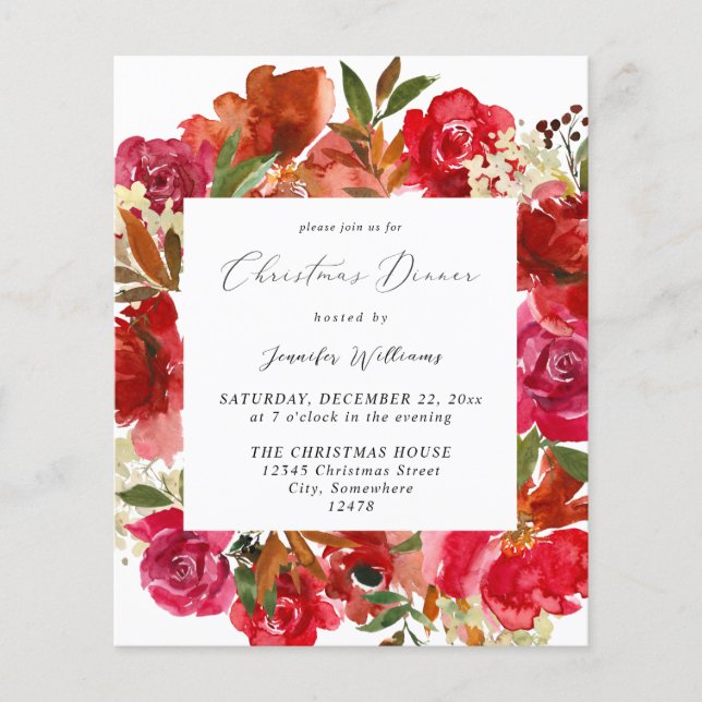 Flyer Rosa vermelha do orçamento e Janto de Natal Floral (Frente)