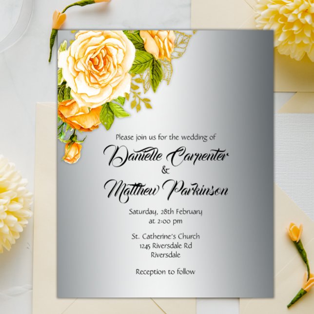 Flyer Rosas de Ouro no Convite de Casamento Prateado (Criador carregado)