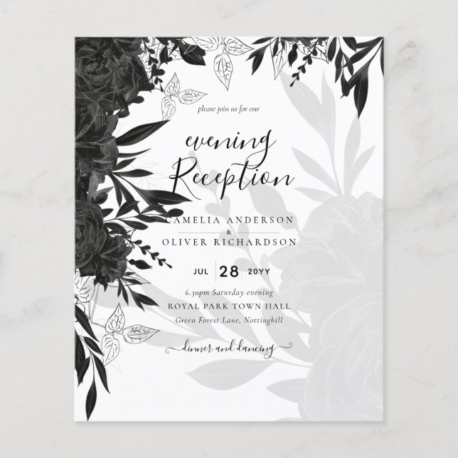 Flyer ROSAS Pretos  Elegante Convite de casamento Branco (Frente)