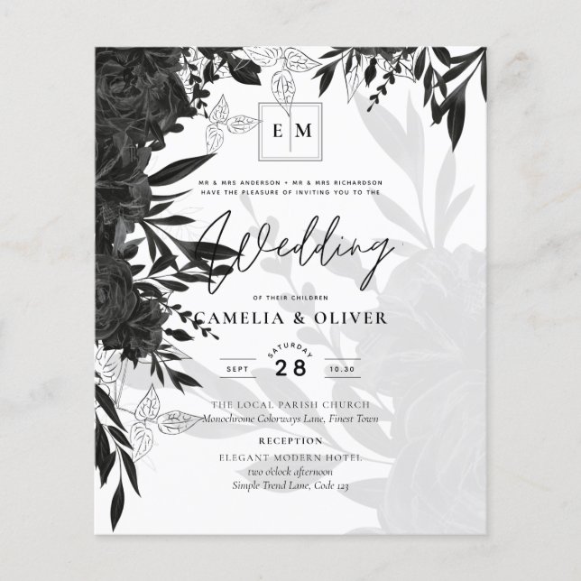 Flyer ROSAS Pretos  Elegante Convite de casamento Branco (Frente)