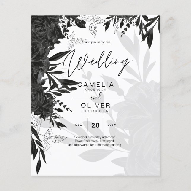 Flyer ROSAS Pretos  Elegante Convite de casamento Branco (Frente)
