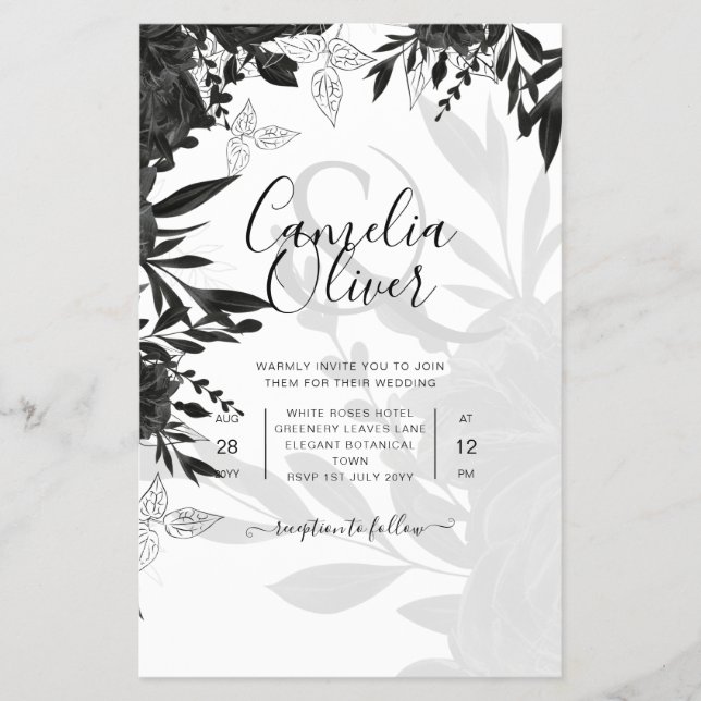 Flyer ROSAS Pretos  Elegante Convite de casamento Branco (Frente)