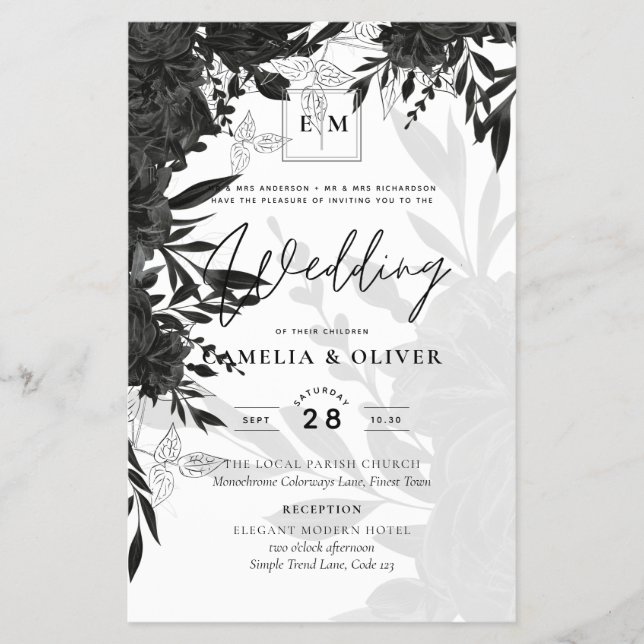 Flyer ROSAS Pretos  Elegante Convite de casamento Branco (Frente)