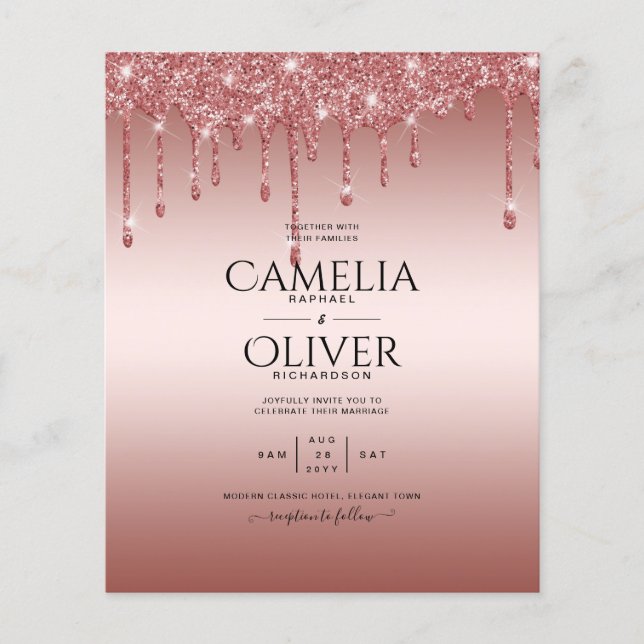 Flyer Rose Gold Dripping Glitter Modern Wedding Invite (Frente)