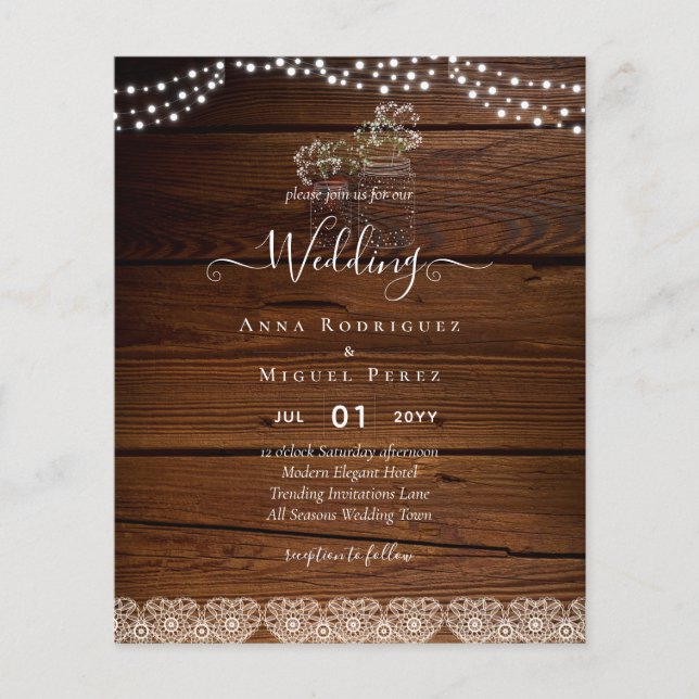 Flyer Rustic Lace Mason Jar Lights Gypsophila Casamento (Frente)
