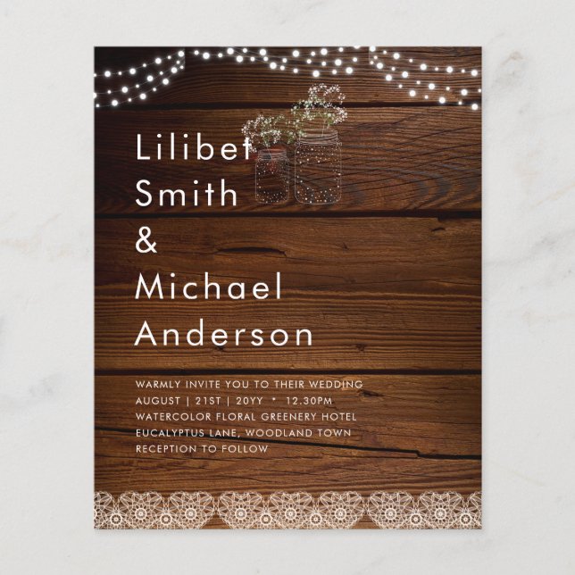 Flyer Rustic Lace Mason Jar Lights Gypsophila Casamento (Frente)