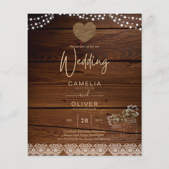 Flyer Rustic Mason Jars Lights Lace Gypsophilia WEDDING (Frente)