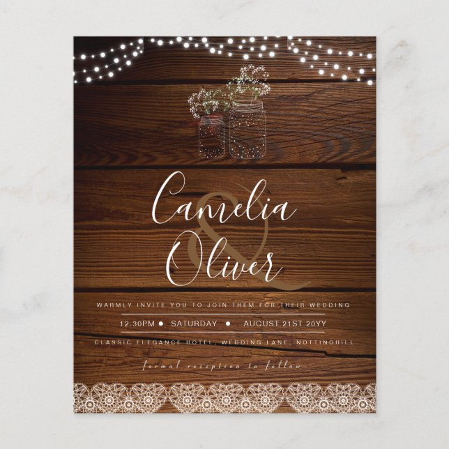 Flyer Rustic Mason Jars Lights Lace Gypsophilia WEDDING (Frente)