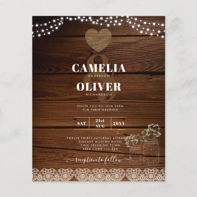 Flyer Rustic Mason Jars Lights Lace Gypsophilia WEDDING (Frente)