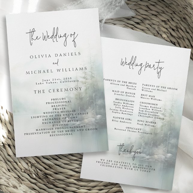 Flyer Rustic Mountain Lake Misty Pines Wedding Program (Criador carregado)